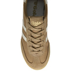 Top-down view of a tan Gola sneaker with white stripes and laces.