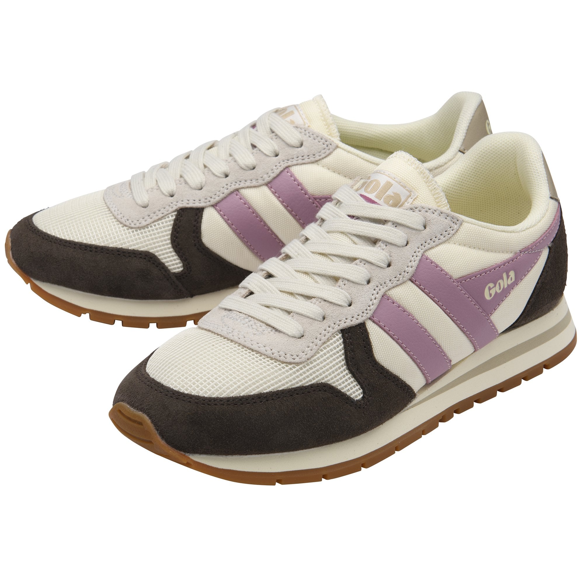 Pair of Gola sneakers in white, purple, and brown.