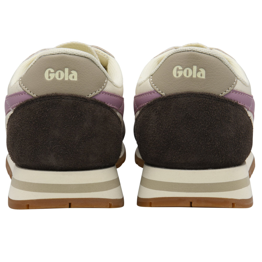 Rear view of two Gola sneakers in brown, purple, and cream.
