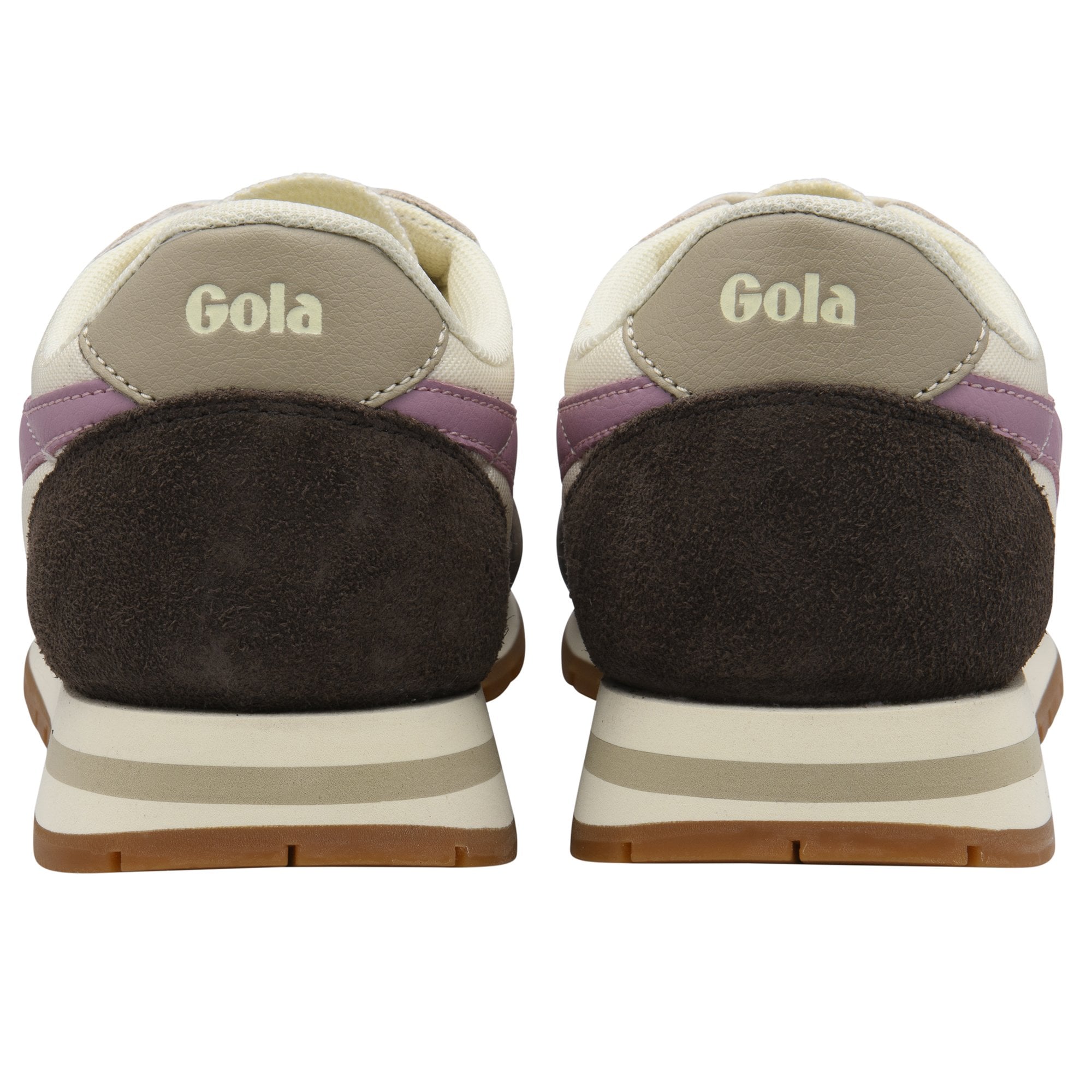 Rear view of two Gola sneakers in brown, purple, and cream.