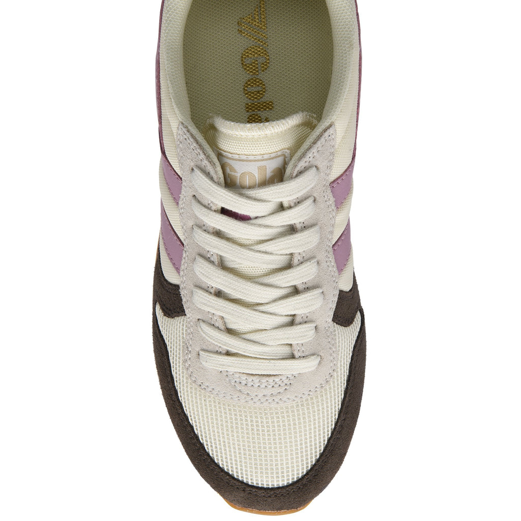 Top-down view of a white, brown, and purple sneaker with white laces.