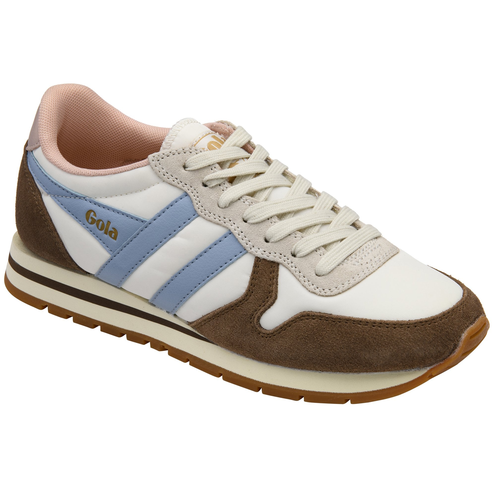 A white, brown, and light blue Gola sneaker with a pink interior.