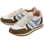 Pair of Gola sneakers in white, brown, and light blue.