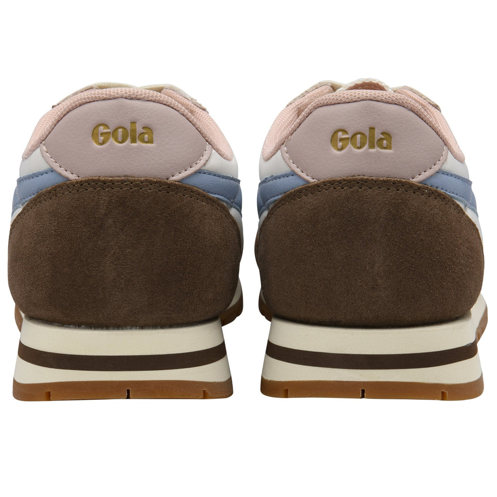 Back view of two Gola sneakers in brown, blue, and pink with white soles.