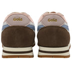Back view of two Gola sneakers in brown, blue, and pink with white soles.