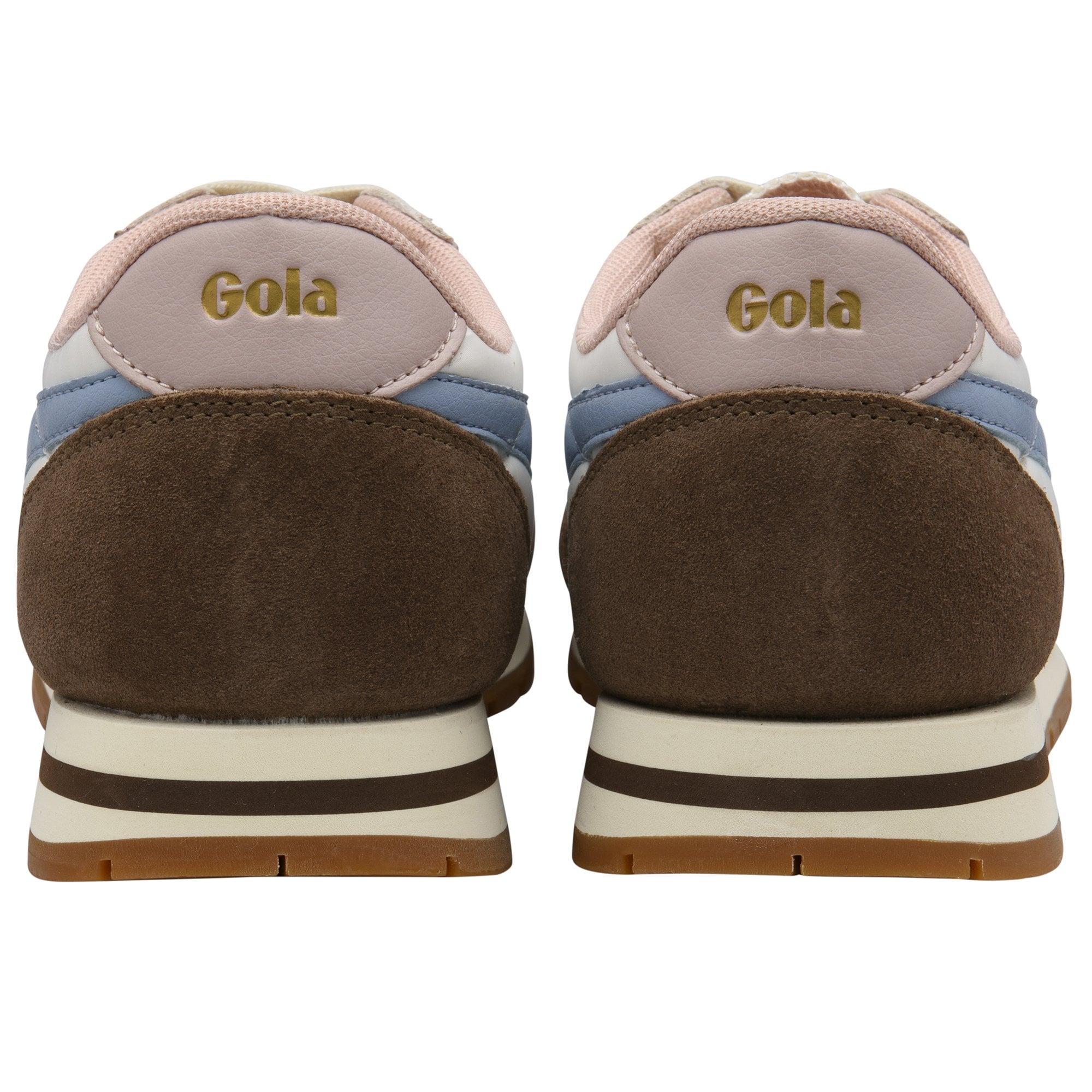 Back view of two Gola sneakers in brown, blue, and pink with white soles.
