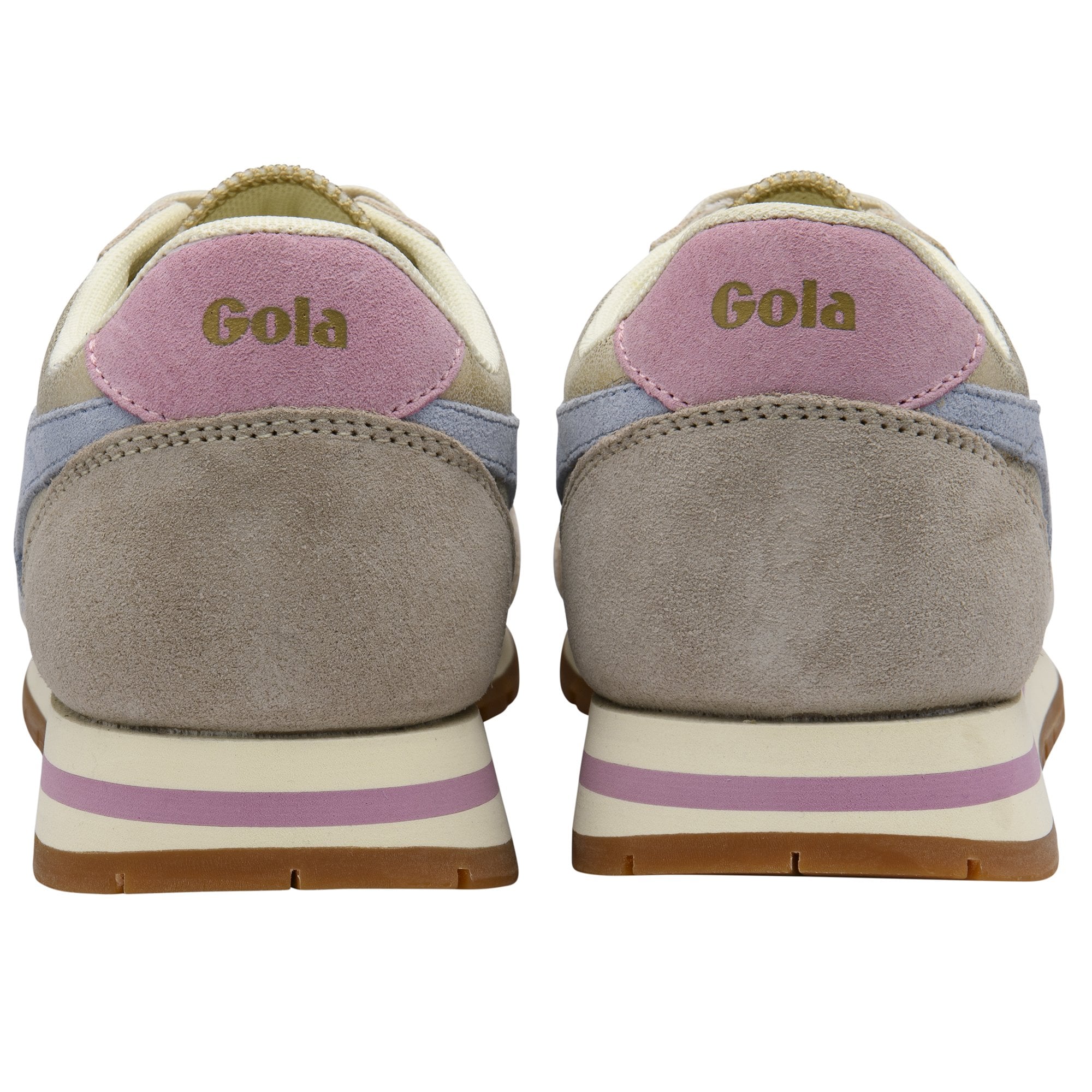 Rear view of two Gola sneakers with grey suede, purple accents, and white soles.