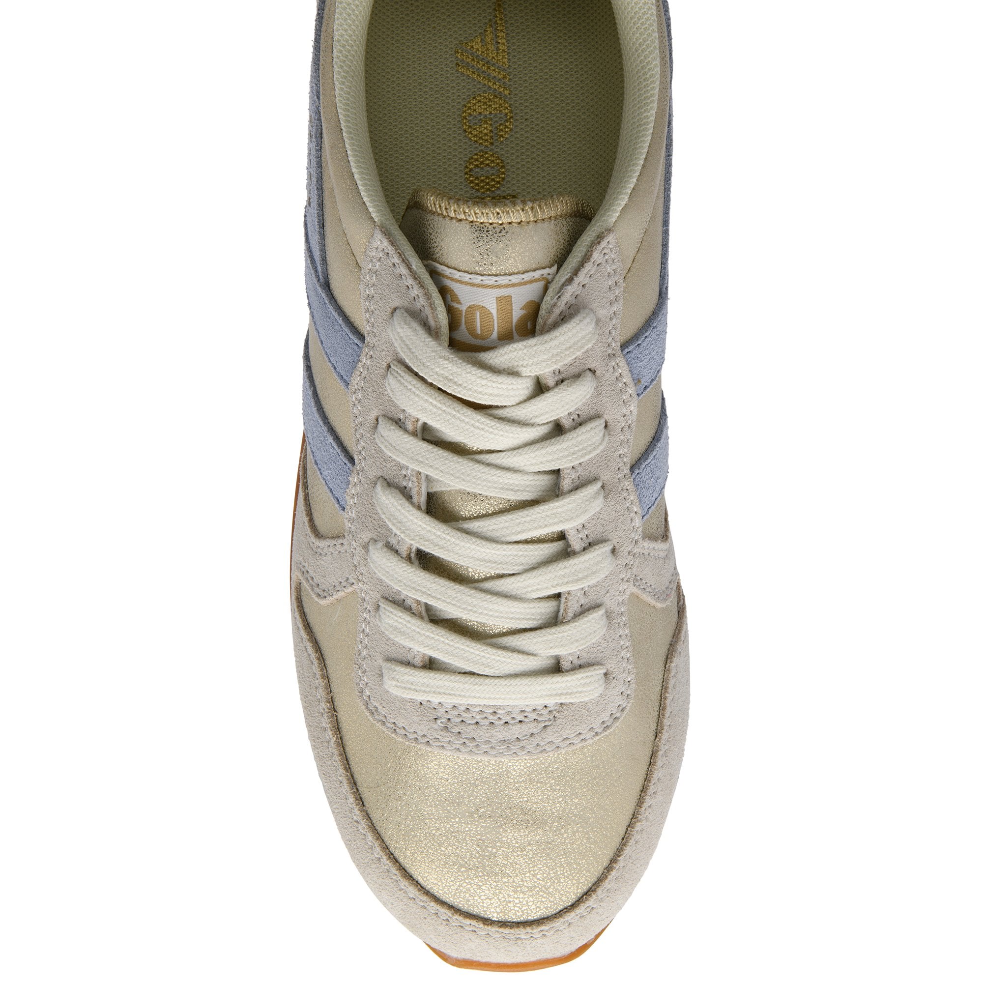 Top-down view of a gold and light blue sneaker with white laces.