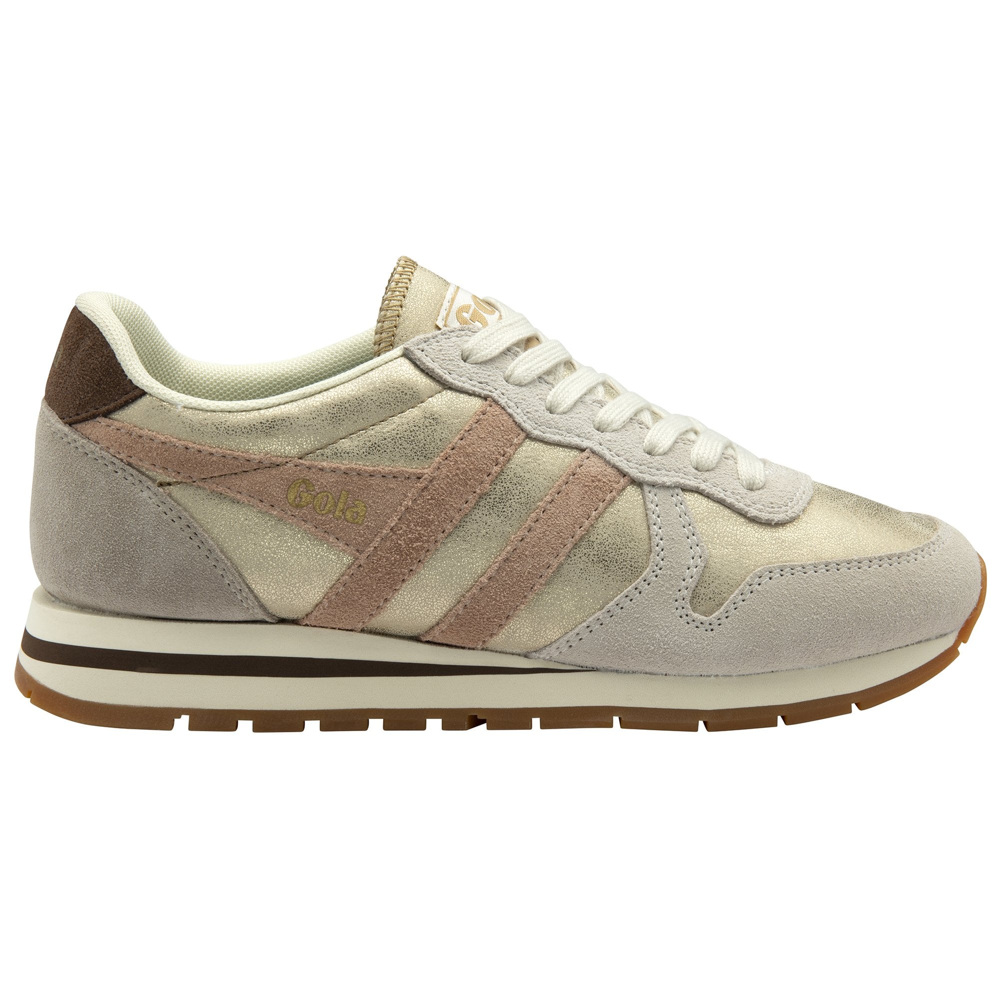 A single gold and pink sneaker with white laces and a brown sole.