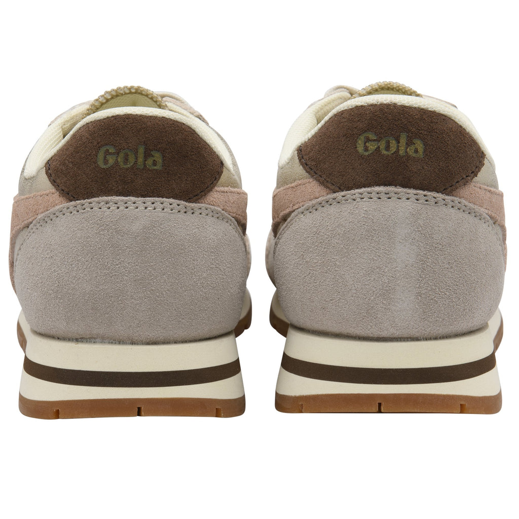 Rear view of two Gola sneakers in shades of grey, brown, and beige with white soles.