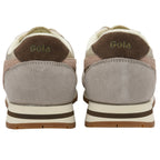 Rear view of two Gola sneakers in shades of grey, brown, and beige with white soles.