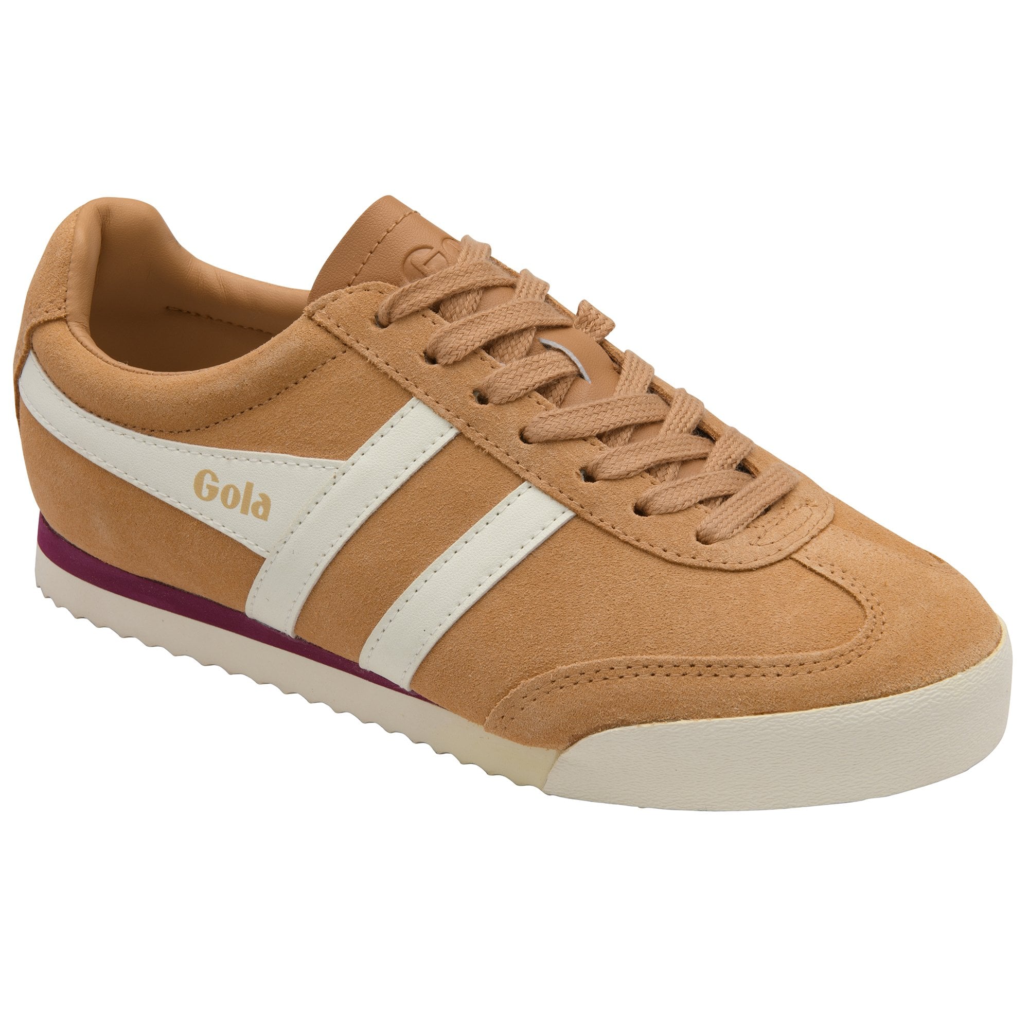 Gola Harrier Suede women's sneakers in tan with white stripes and purple accents.