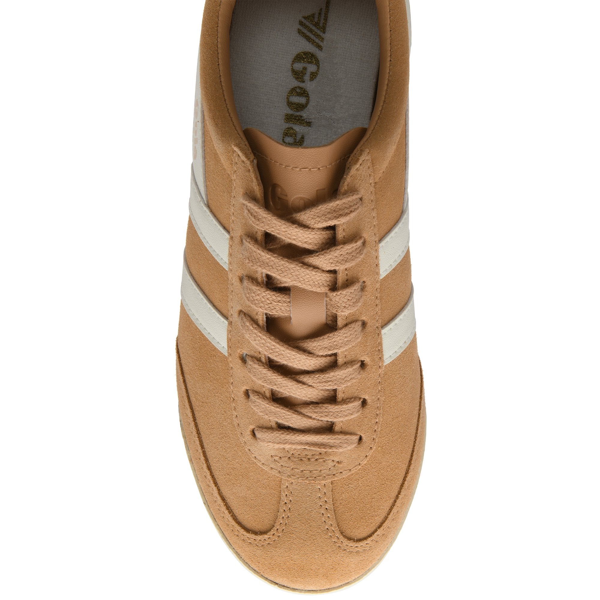 Top-down view of a tan Gola sneaker with white stripes and laces.