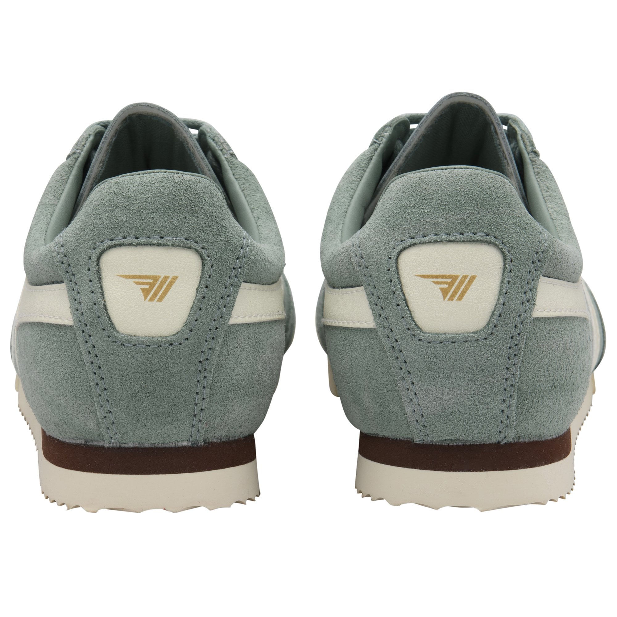 Back view of two light green suede sneakers with white stripes and a gold logo on the heel.