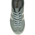 Top-down view of a light blue Gola sneaker with white stripes and laces.