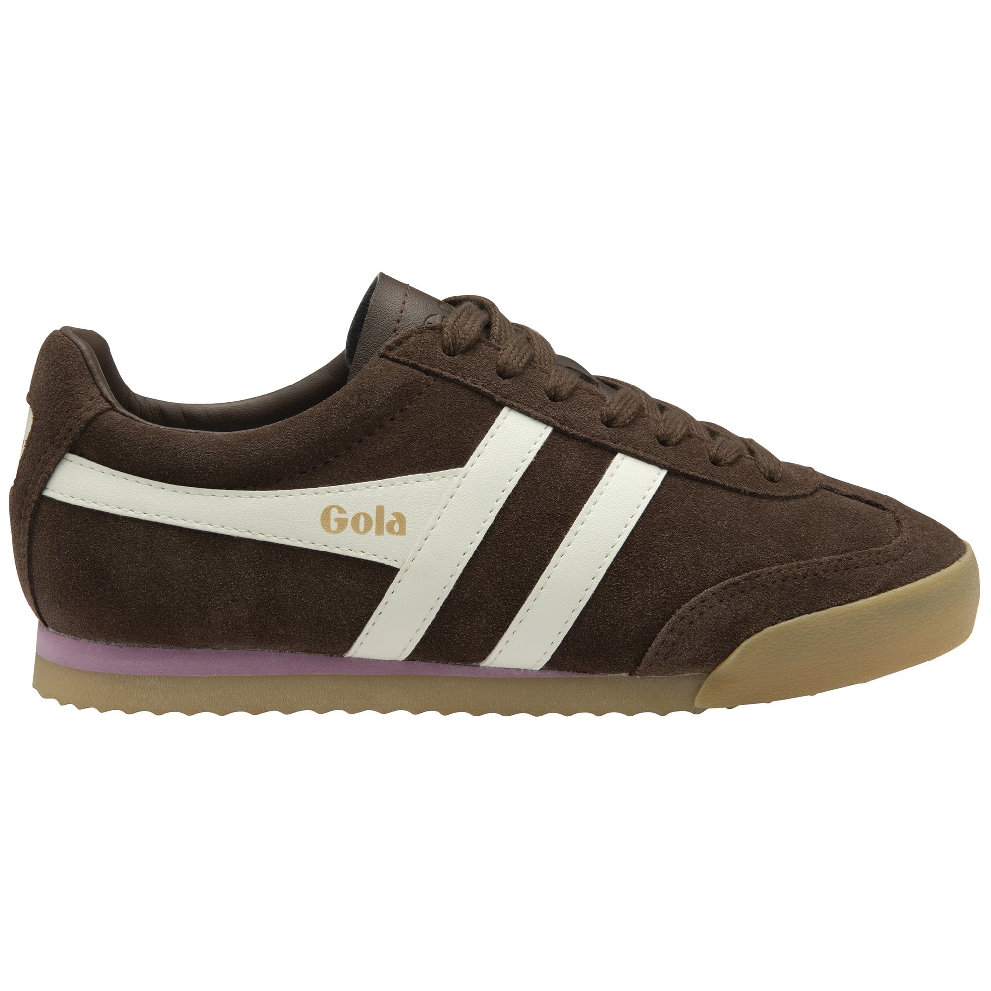 Brown Gola sneakers with white stripes and a light brown sole.