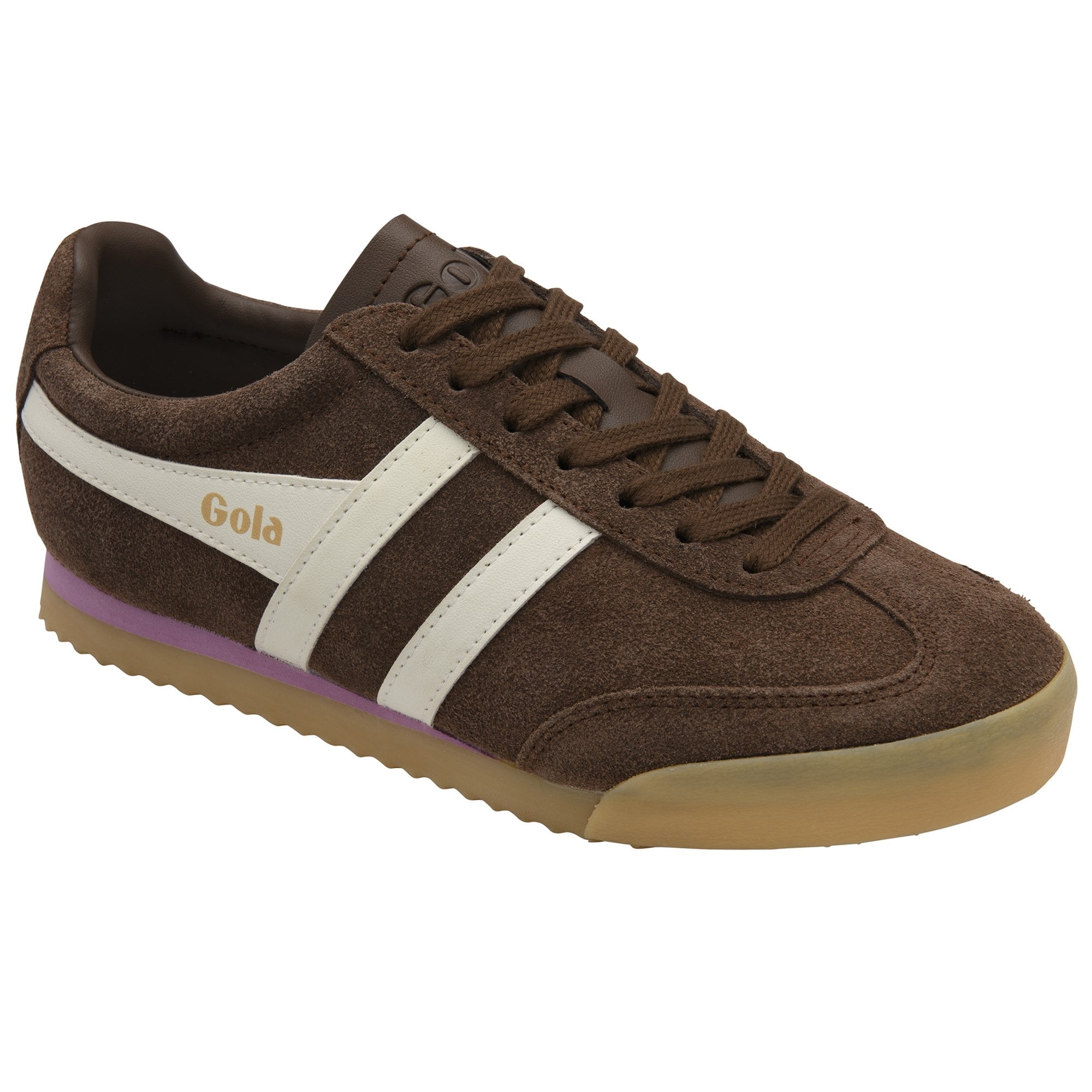 Brown suede Gola sneaker with white stripes and purple trim.