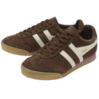Pair of brown suede Gola sneakers with white stripes and a purple accent.