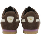 Back view of two brown suede sneakers with white stripes, a cream heel tab, and a purple sole.
