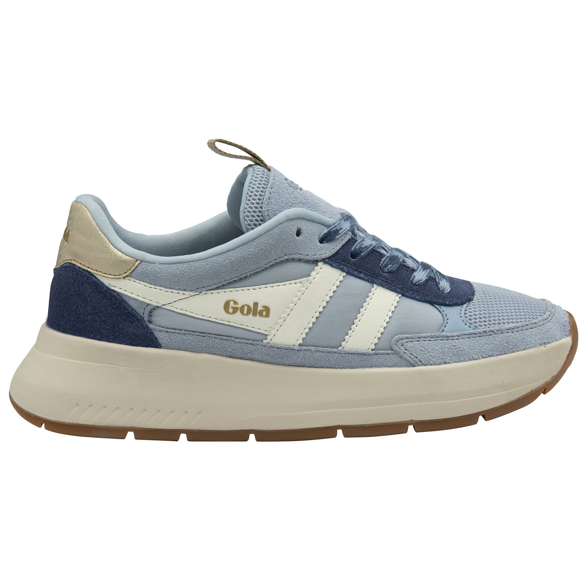 Light blue Gola sneaker with white stripes and a thick beige sole.