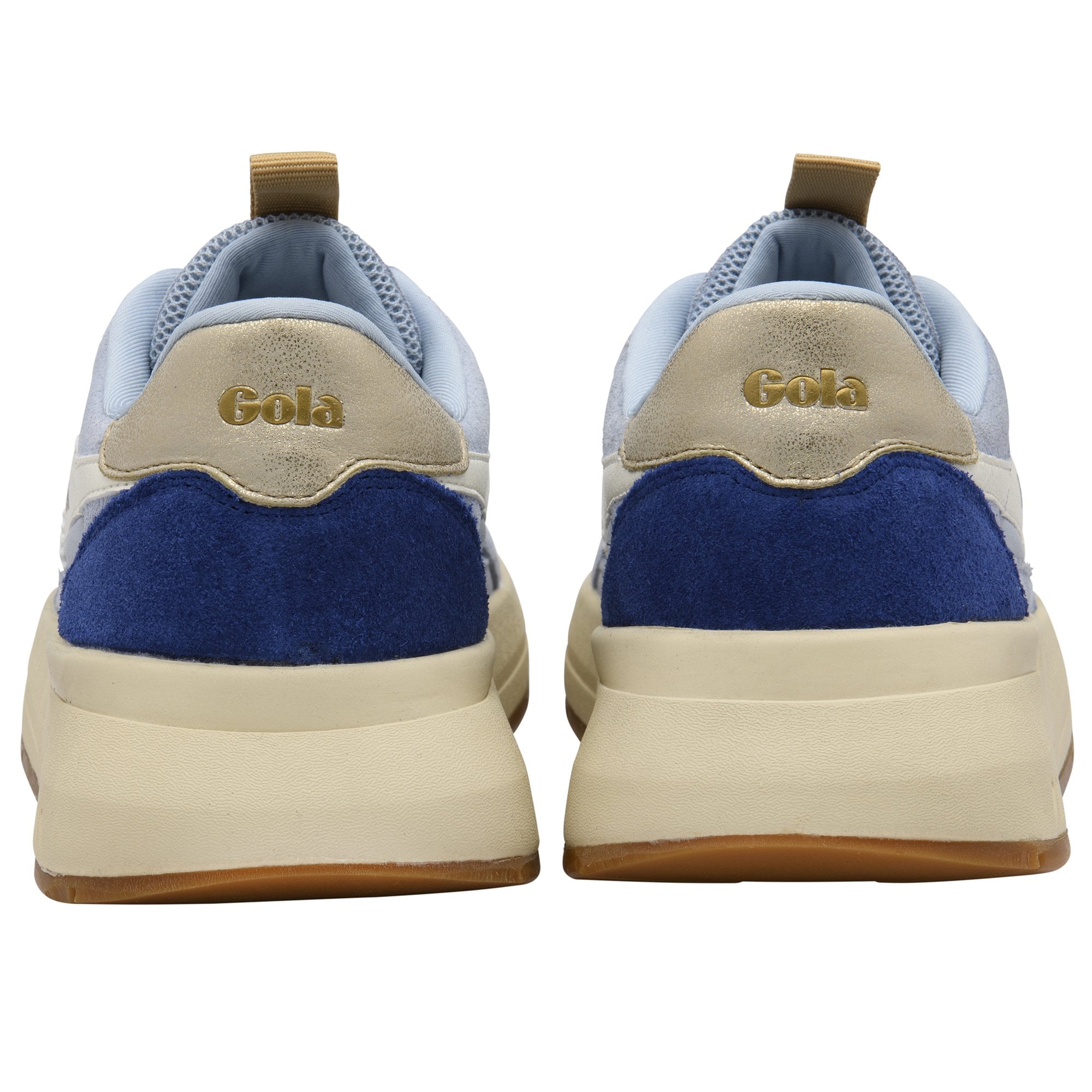 Rear view of two light blue and navy Gola sneakers with cream soles.