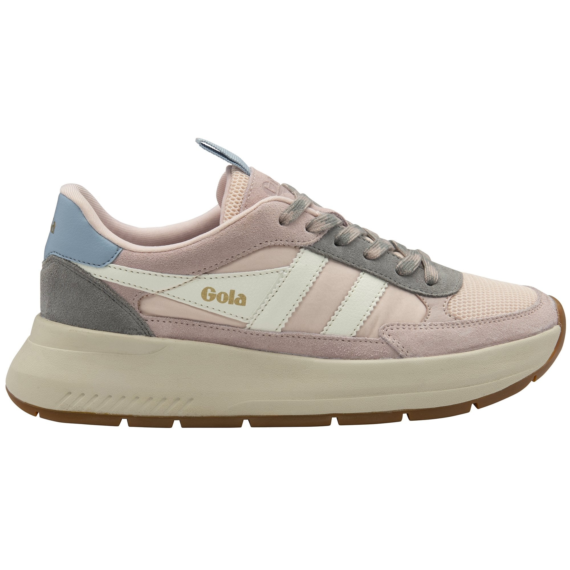 Pink, grey, and white Gola sneakers with a thick beige sole.