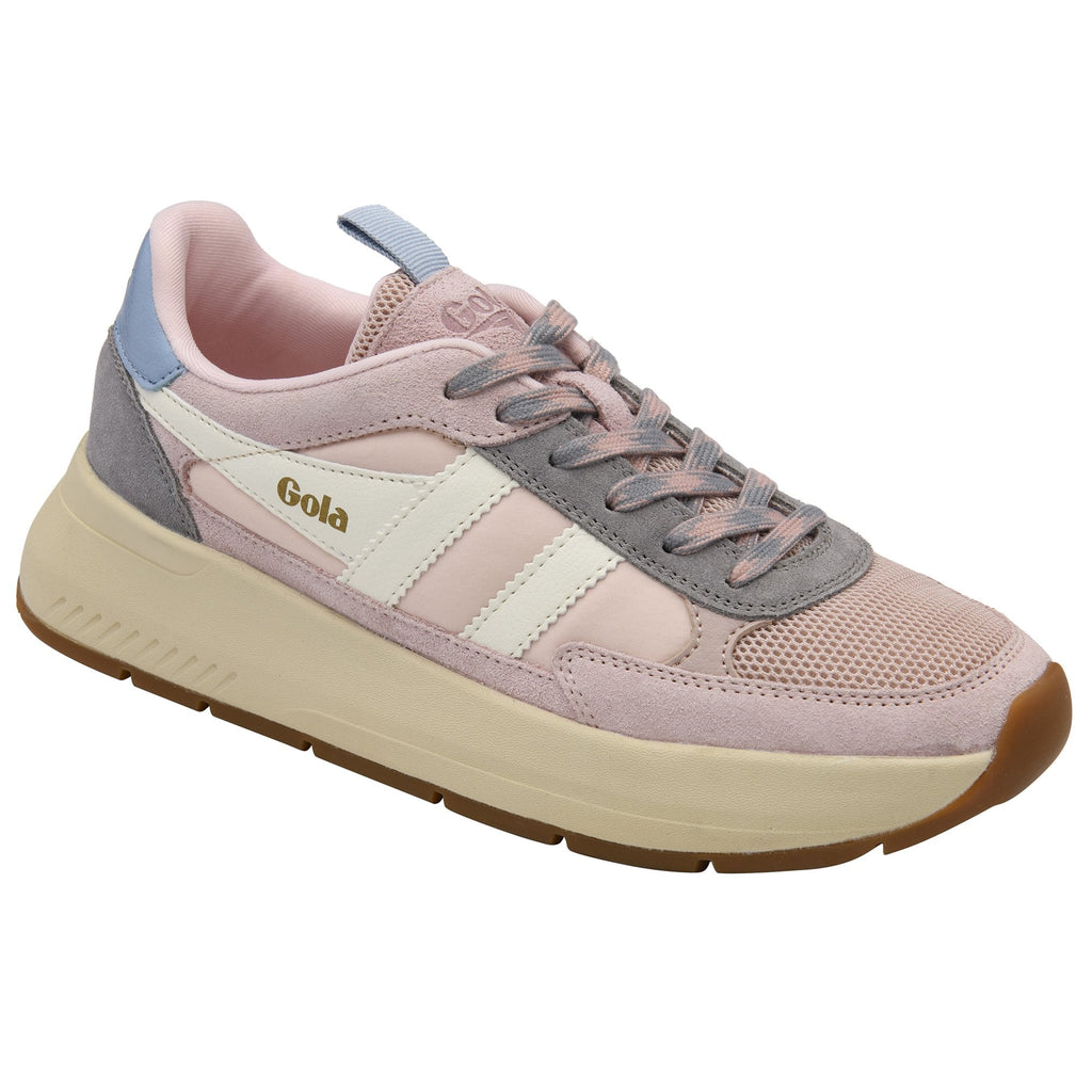 Pink, grey, and white Gola sneakers with a thick cream sole and brown tread.