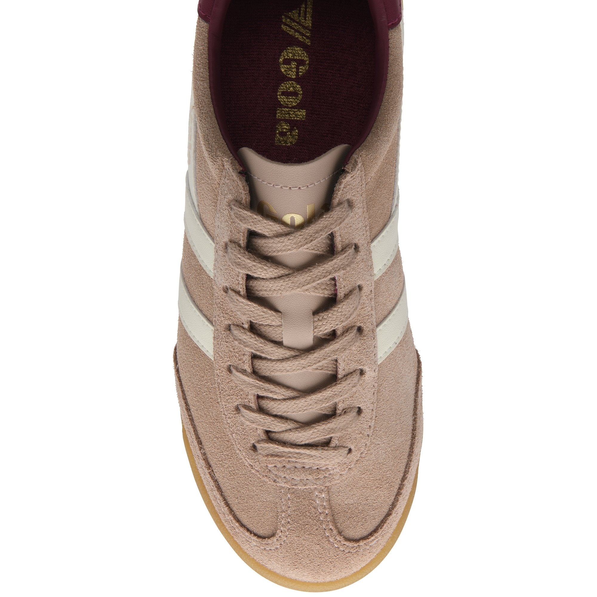 Top-down view of a light brown suede sneaker with white stripes and dark red lining.