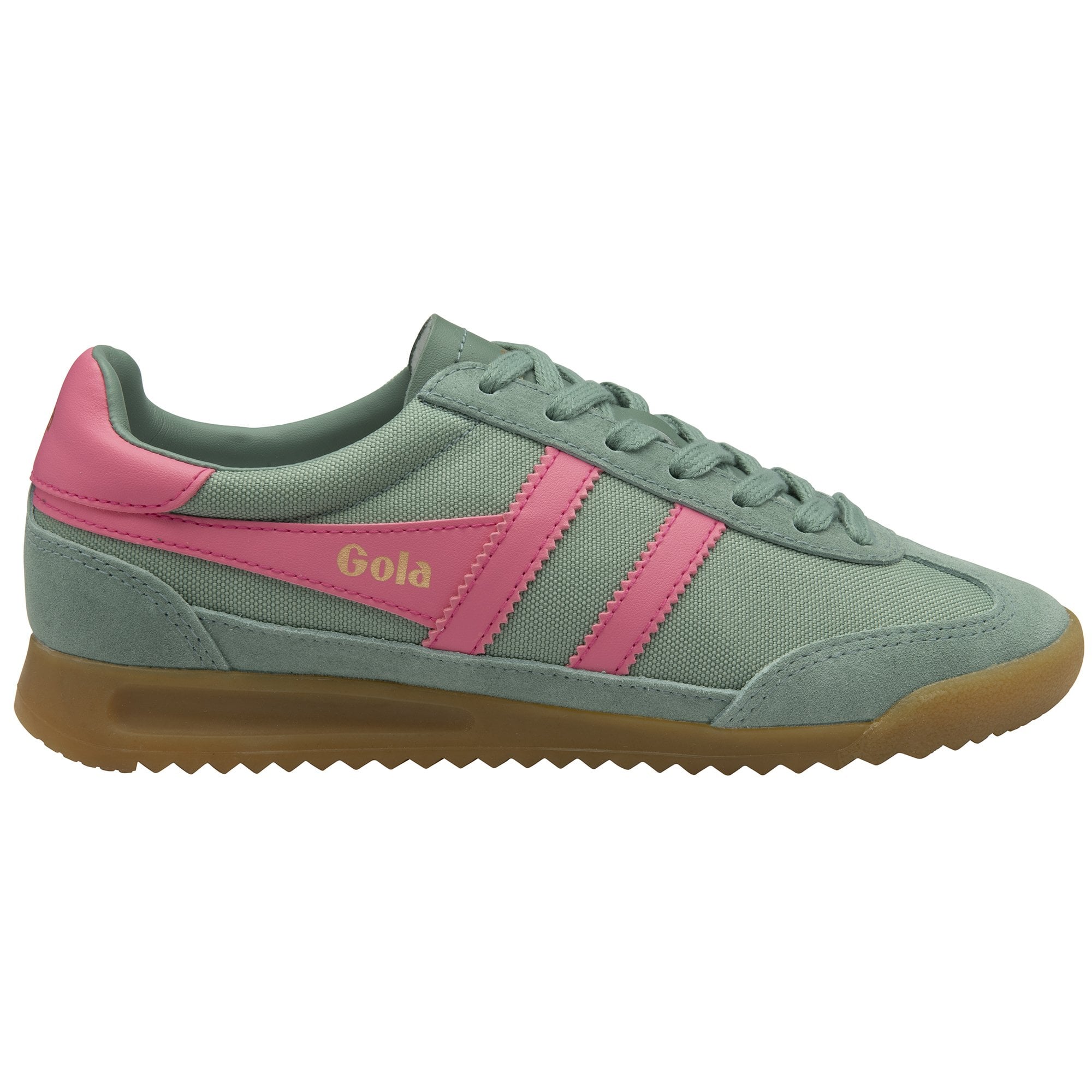 Gola women's sneakers in green with pink stripes and a brown sole.
