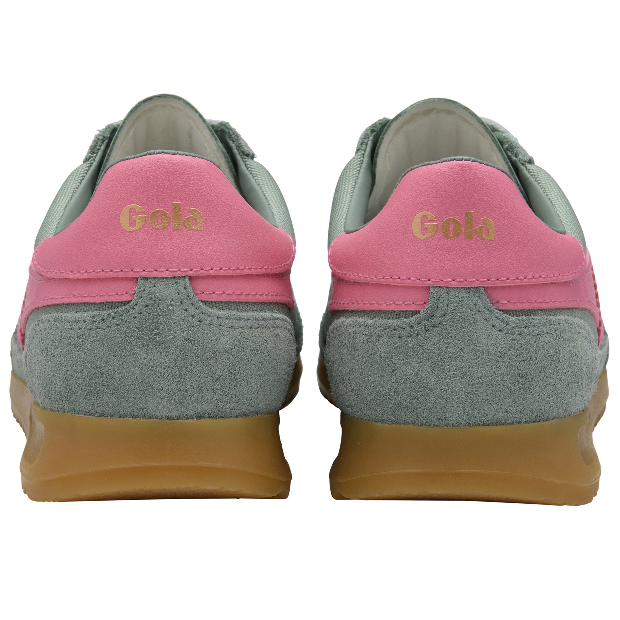 Rear view of two Gola sneakers with pink and green accents.