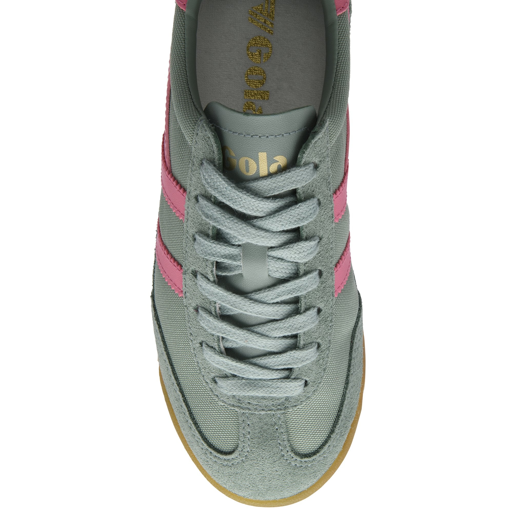Top-down view of a grey Gola sneaker with pink stripes and grey laces.
