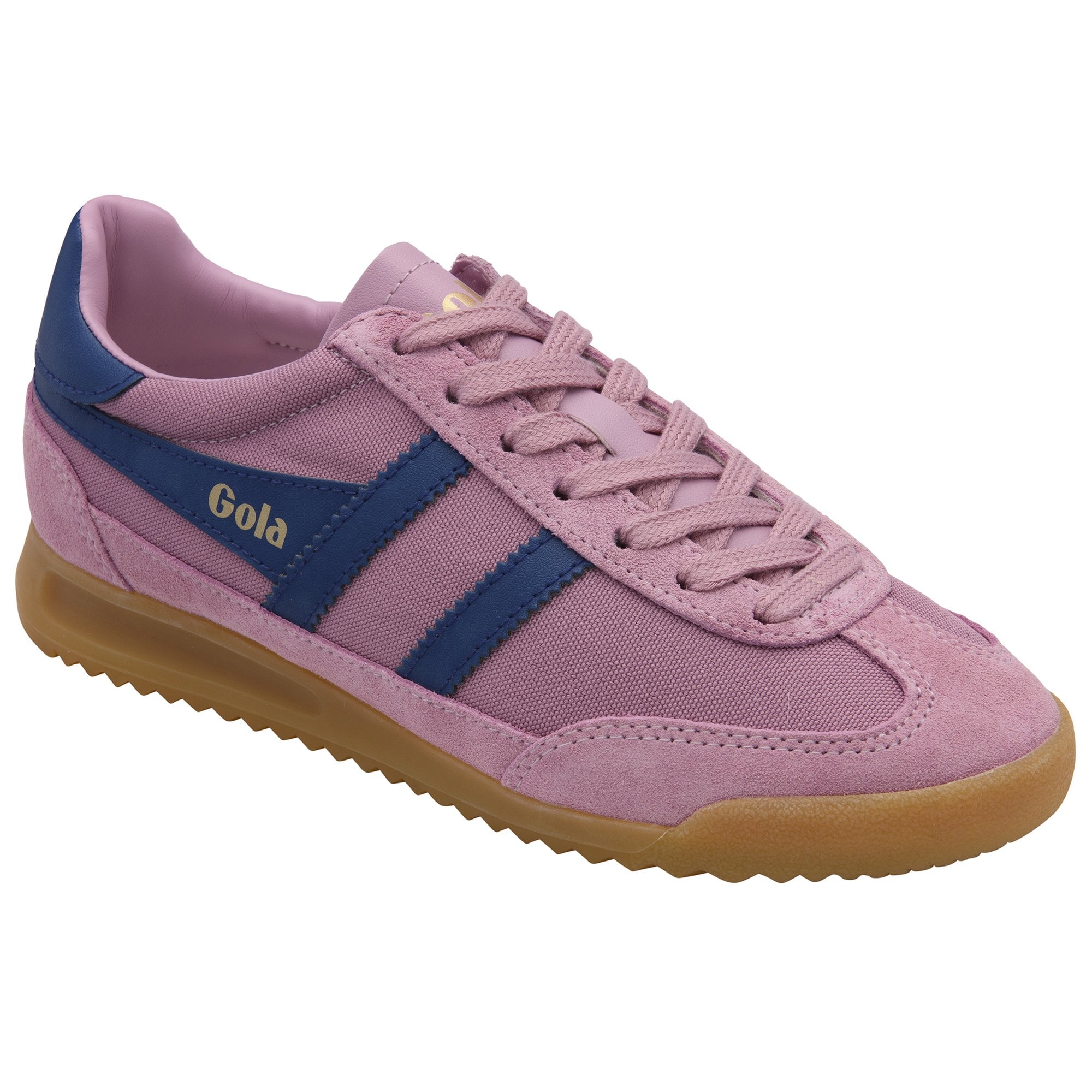 Pink Gola sneakers with navy blue stripes and a gum sole.