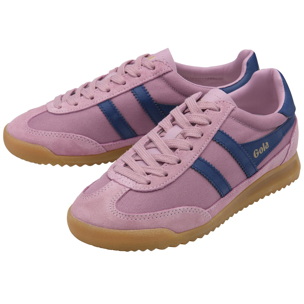 Pair of pink Gola sneakers with navy blue stripes and gum soles.