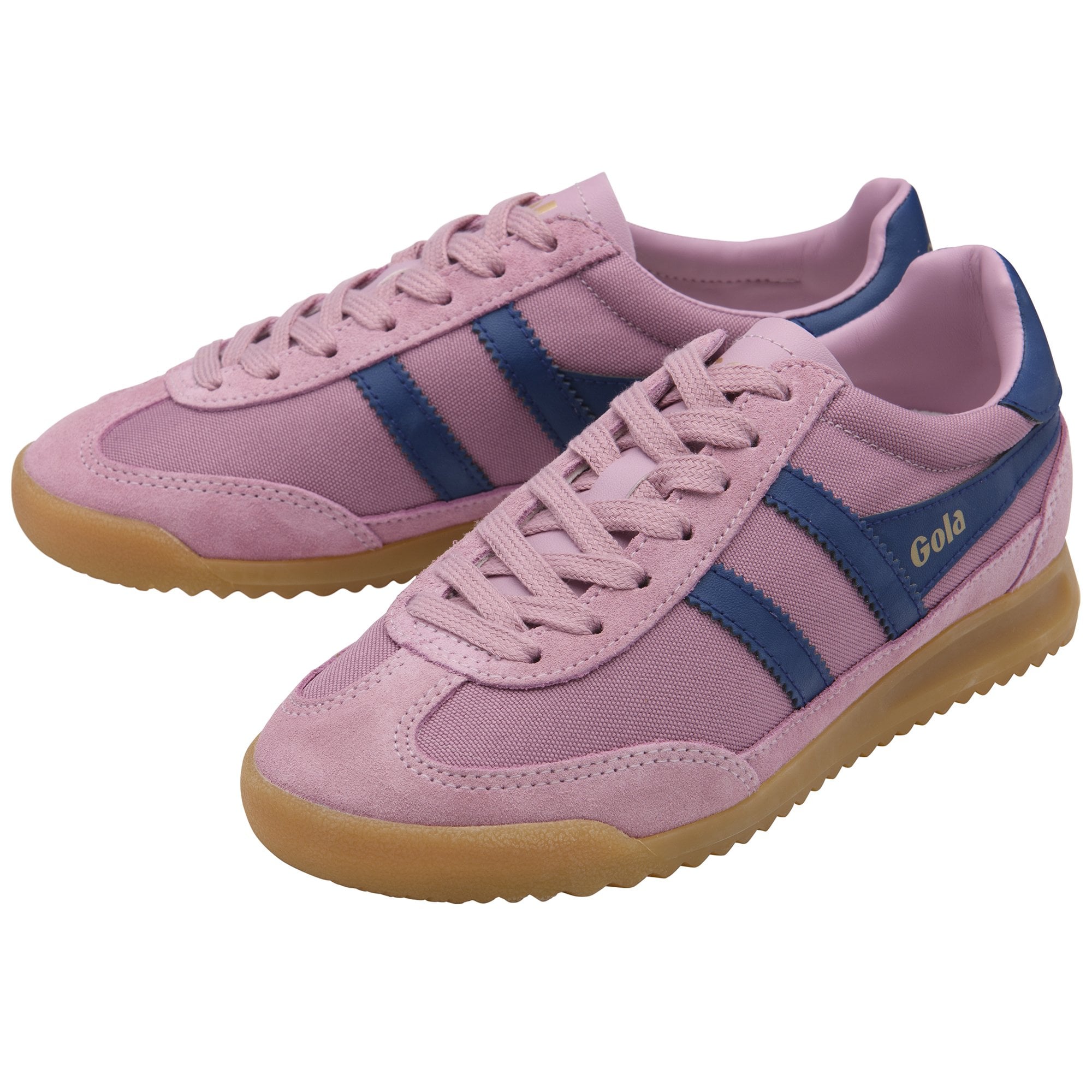 Pair of pink Gola sneakers with navy blue stripes and gum soles.