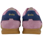 Back view of two pink and navy Gola sneakers with tan soles.