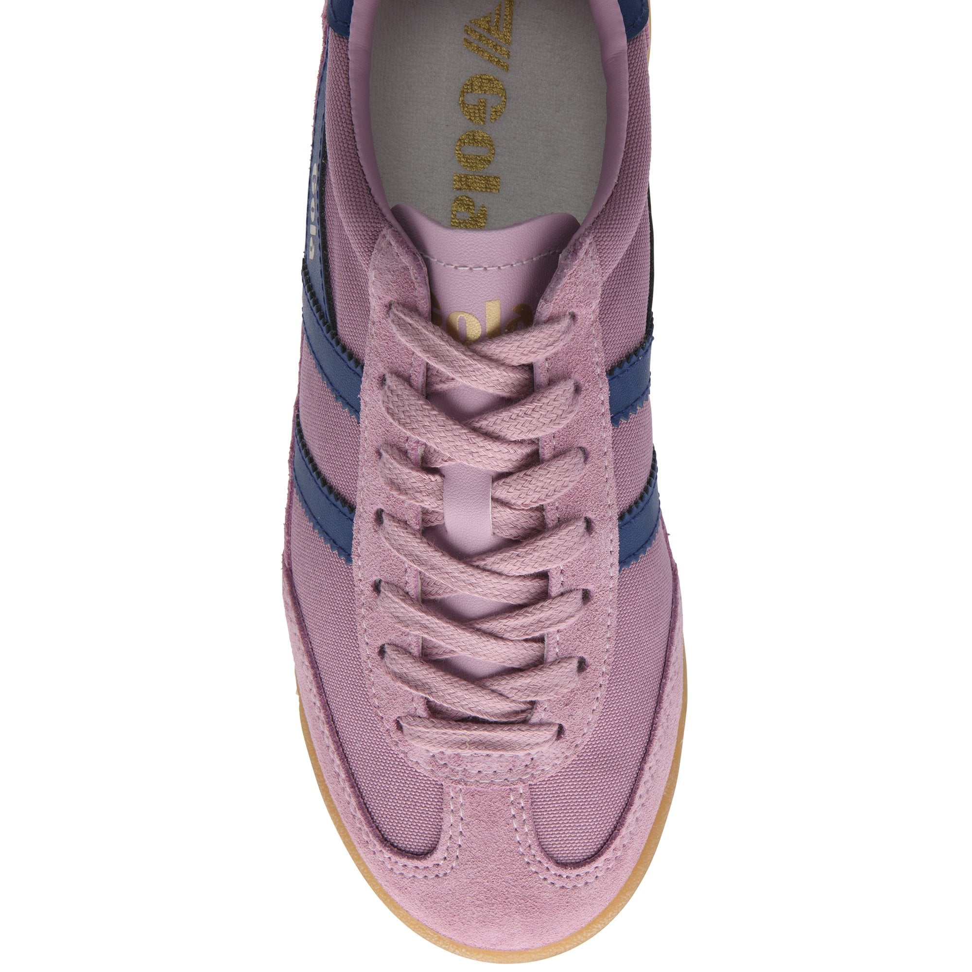 Top-down view of a dusty pink sneaker with dark blue stripes and laces.