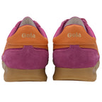 Back view of two Gola sneakers in pink and orange with tan soles.