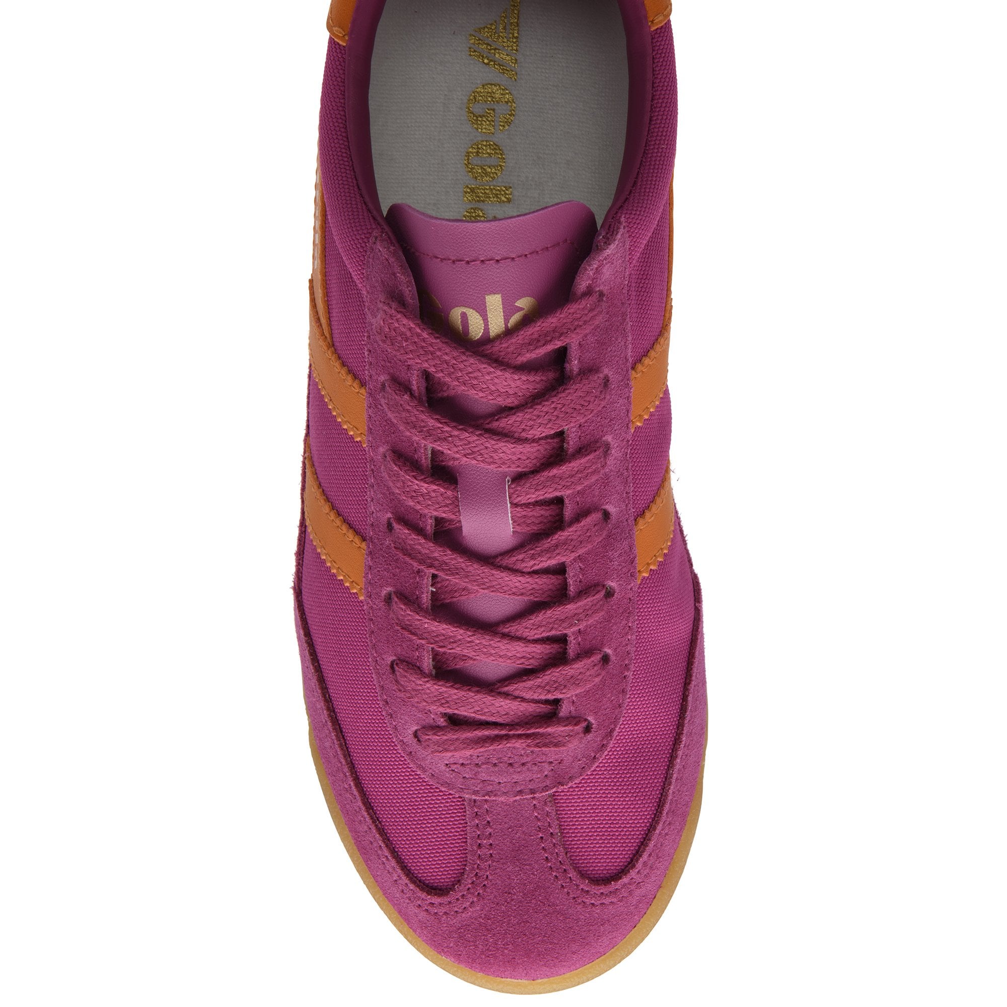 Top-down view of a magenta suede sneaker with orange stripes and laces.