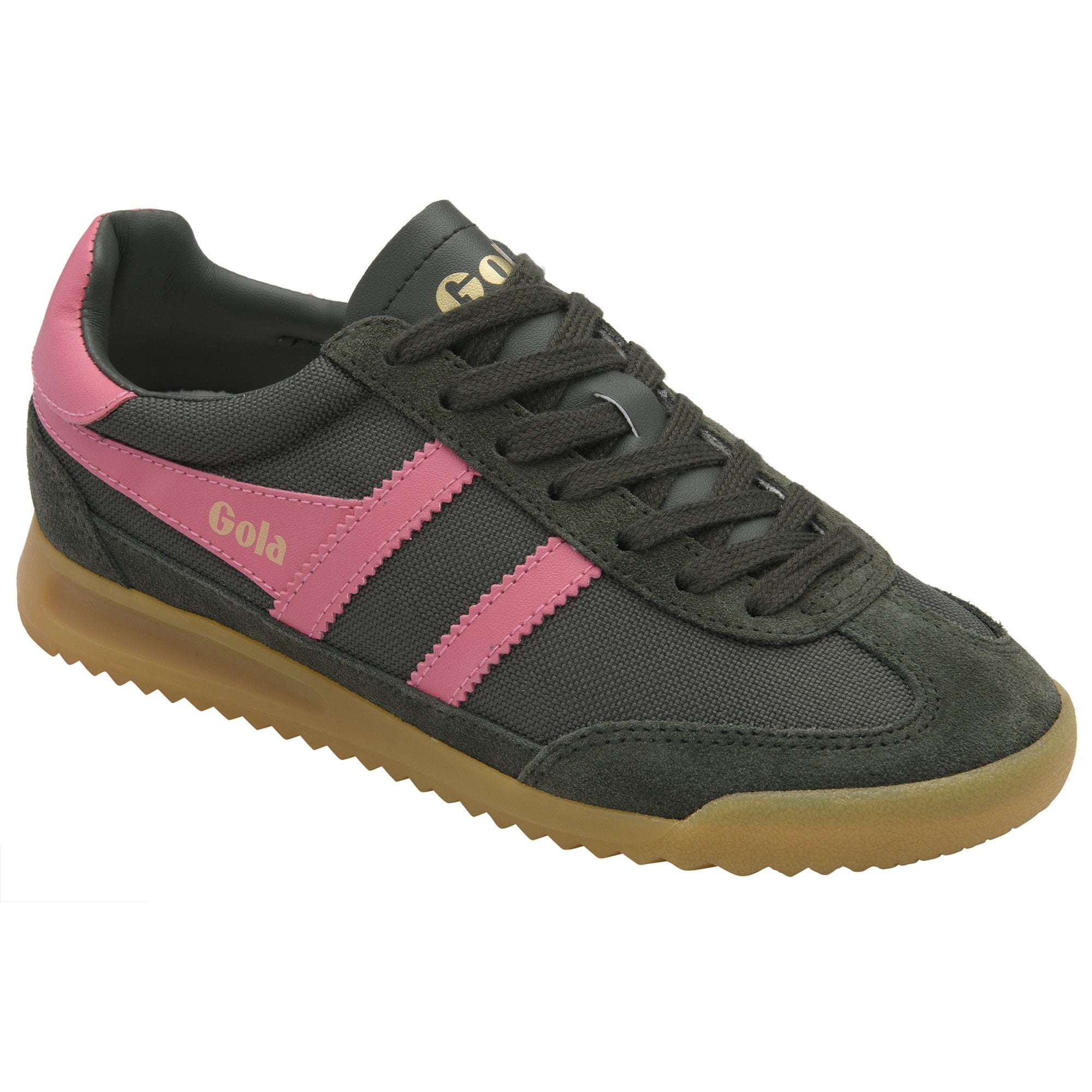 Dark gray Gola sneakers with pink stripes and a brown sole.