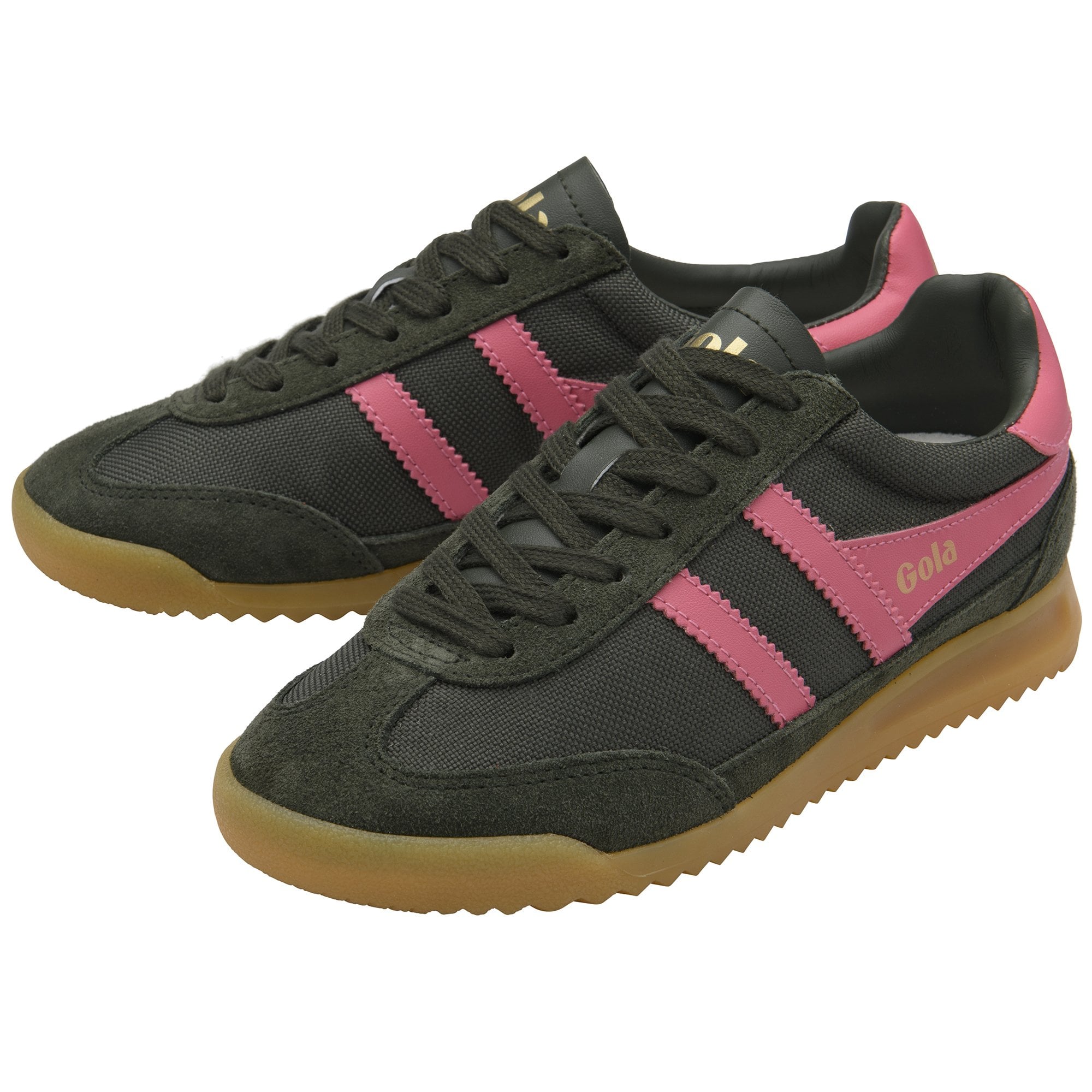 Pair of black and pink Gola sneakers with brown soles.