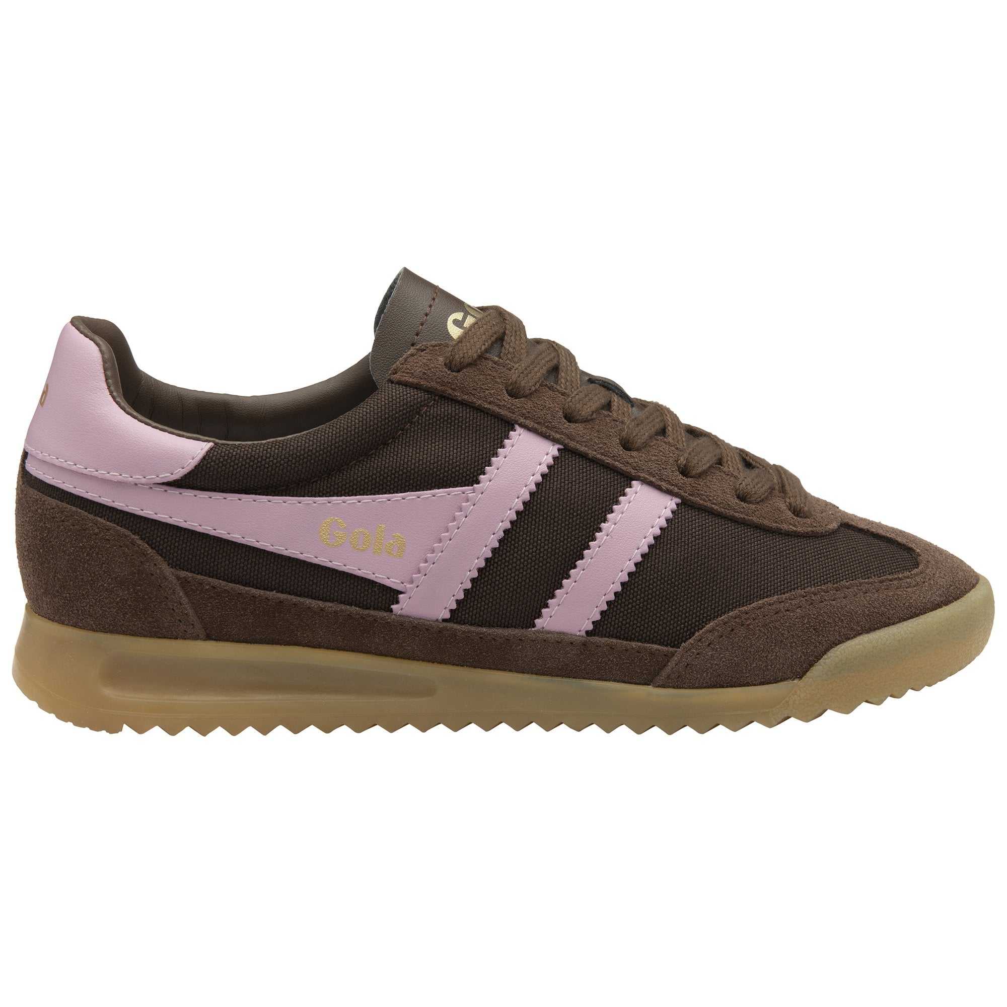 Brown and pink Gola Harrier sneakers with a gum sole.