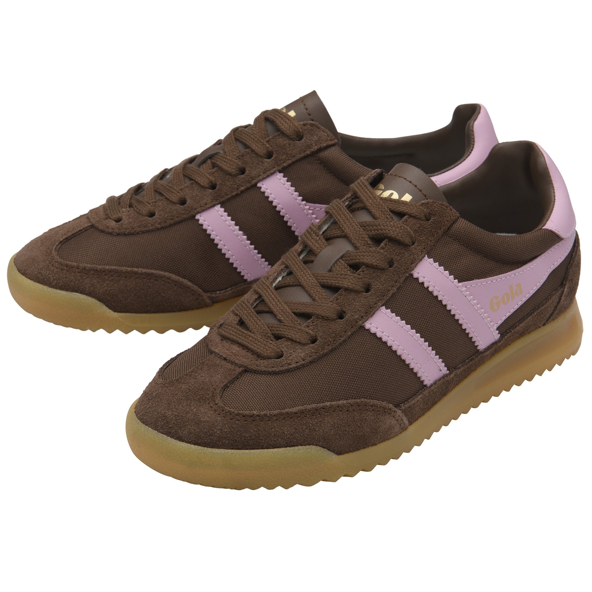 Brown sneakers with light purple stripes and brown laces.