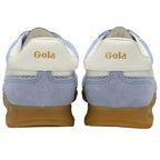 Back view of light blue and white Gola sneakers with brown soles.