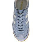 Light blue sneaker with white stripes and laces, viewed from above.