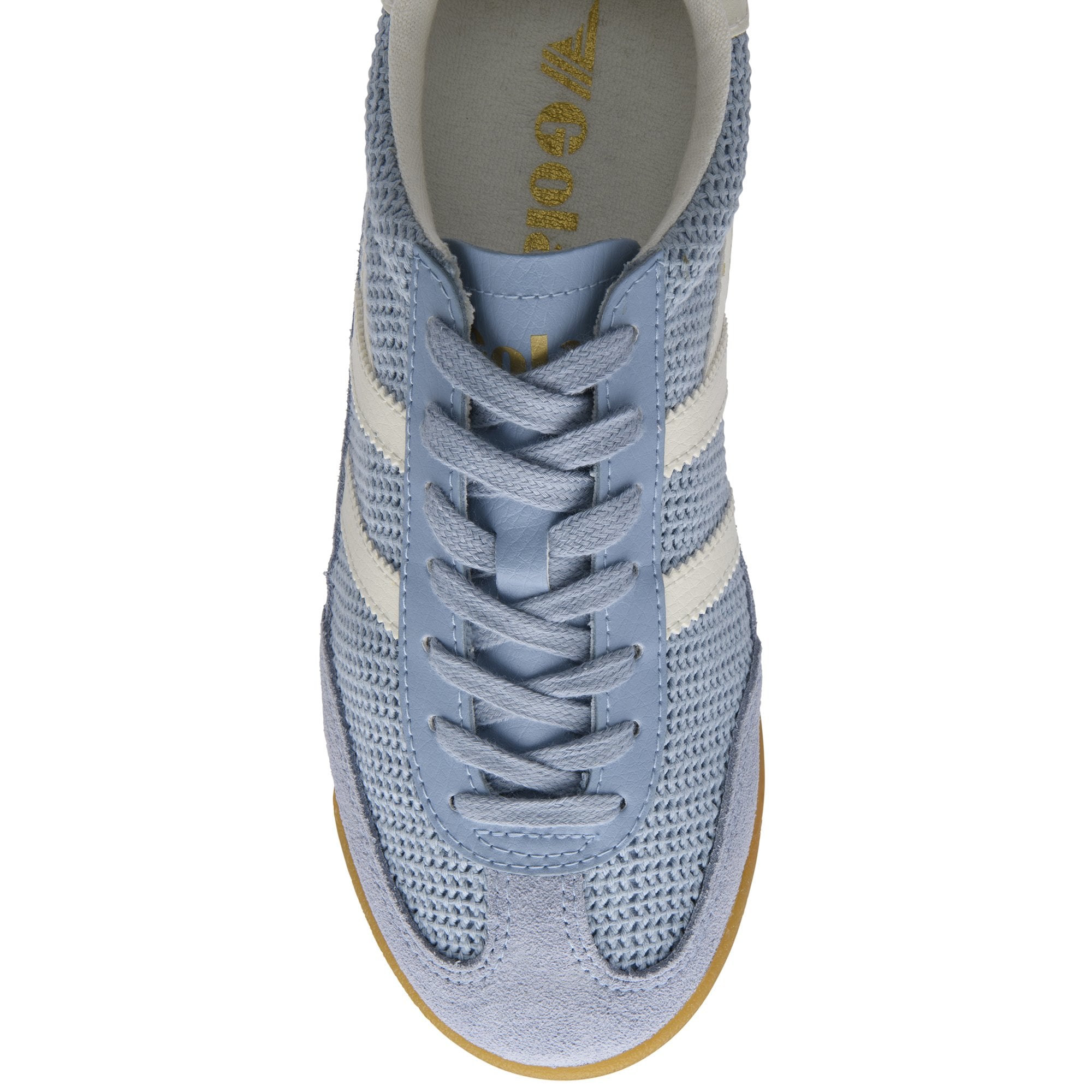 Light blue sneaker with white stripes and laces, viewed from above.