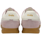Back view of two pink and white Gola sneakers with gum soles.