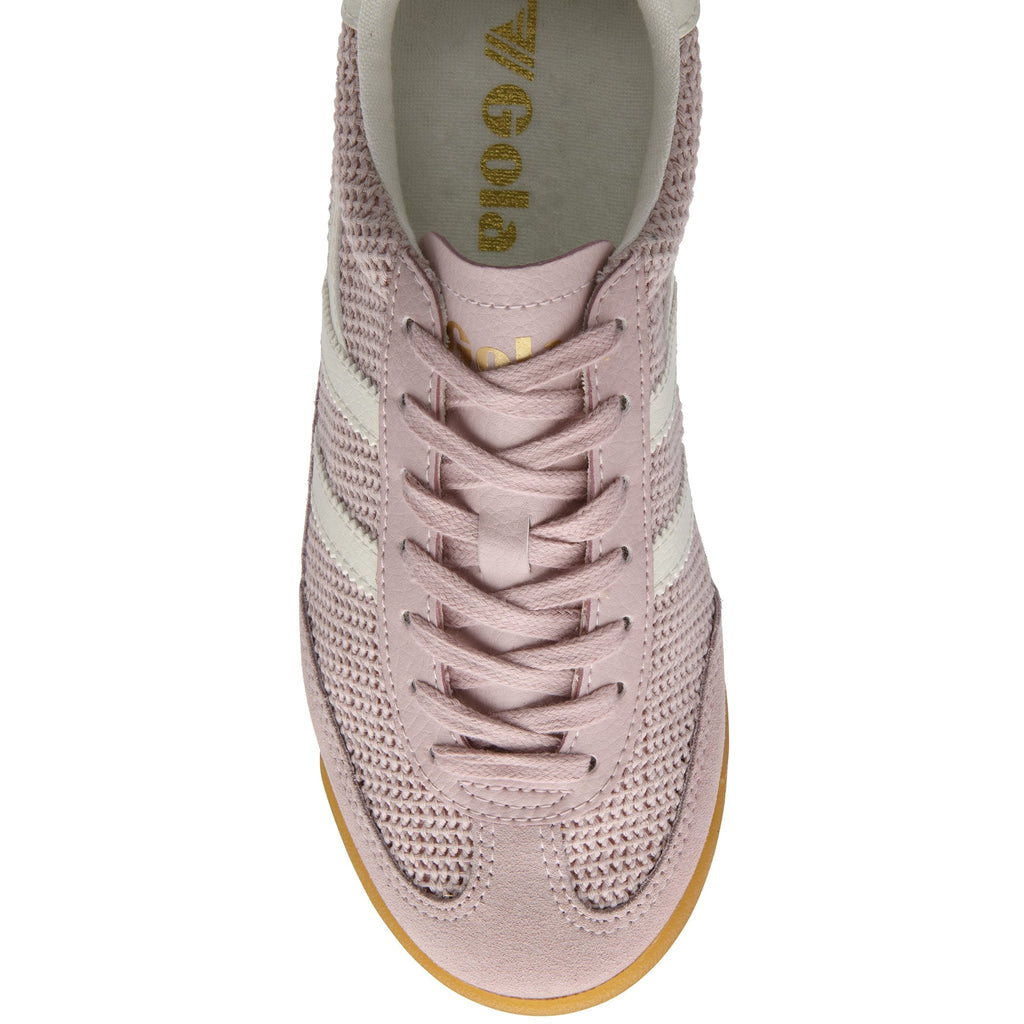 Top-down view of a pink Gola sneaker with white stripes and laces.