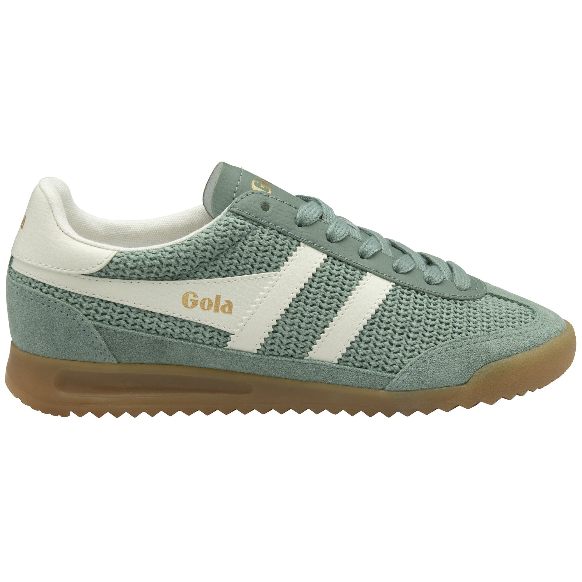 A light green Gola sneaker with white stripes and a brown sole.