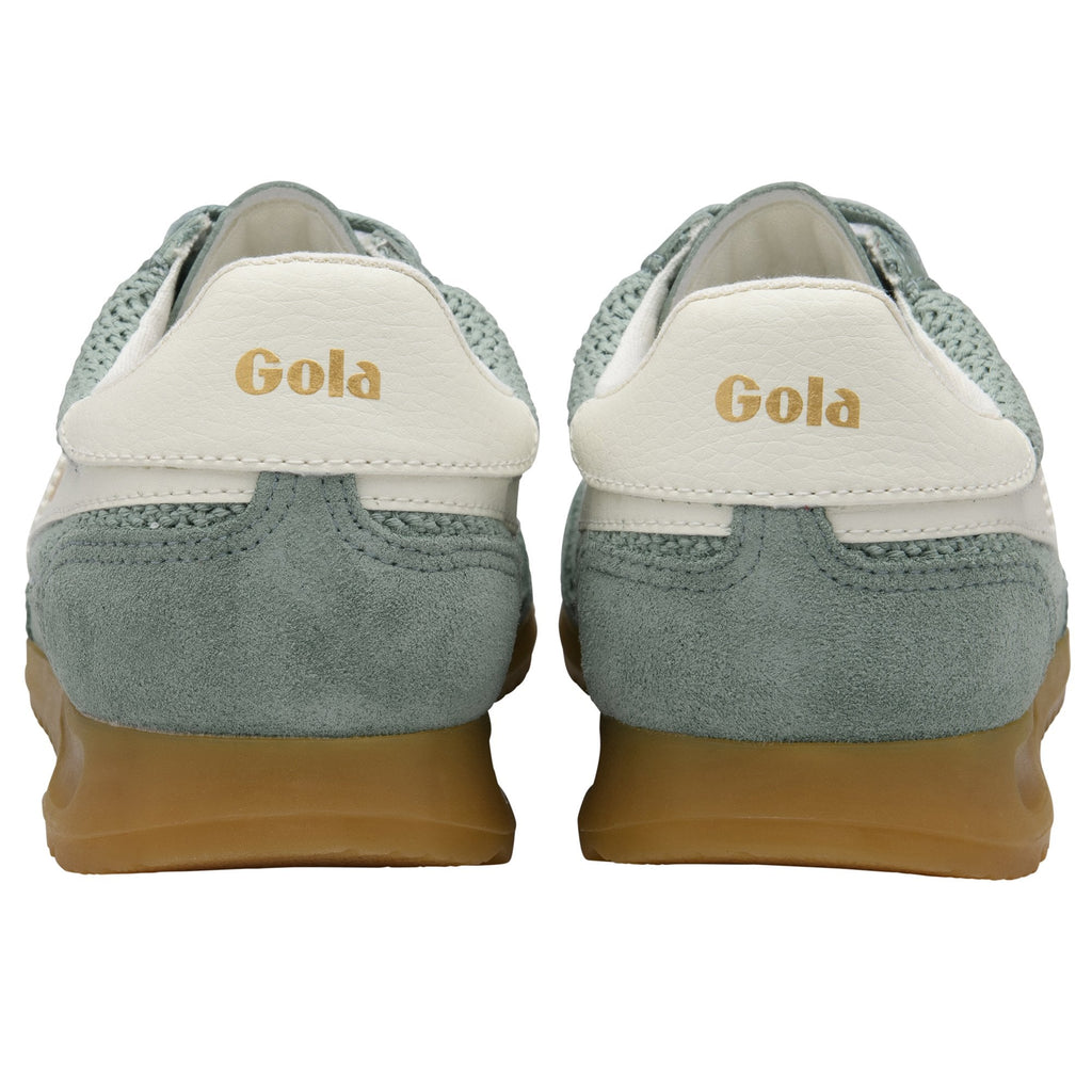 Back view of two Gola sneakers in light green and white with brown soles.