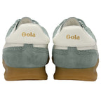 Back view of two Gola sneakers in light green and white with brown soles.